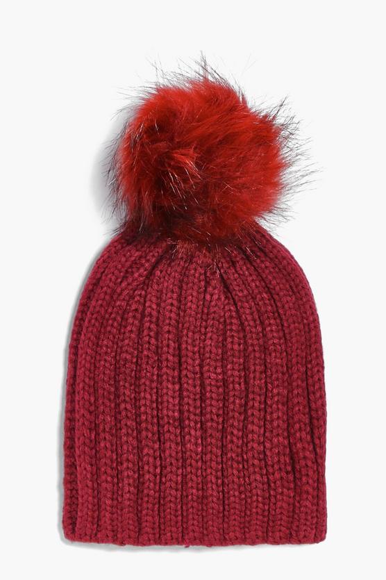 Girls Faux Fur Pom Pom Knitted Hat